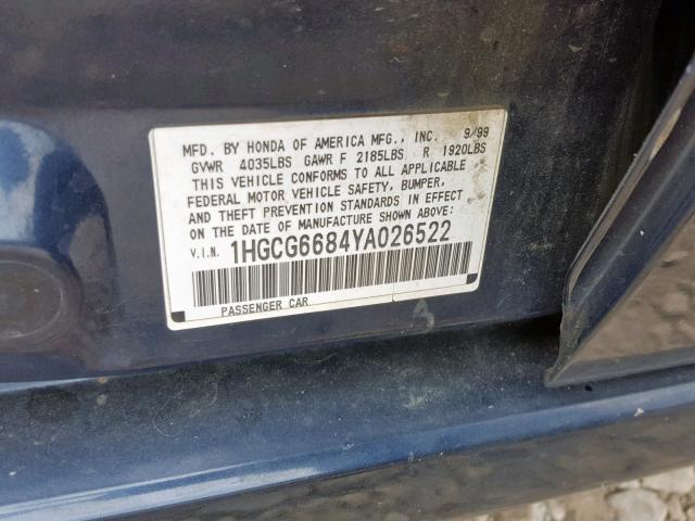 1HGCG6684YA026522 - 2000 HONDA ACCORD EX BLUE photo 10