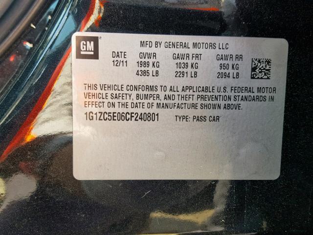 1G1ZC5E06CF240801 - 2012 CHEVROLET MALIBU 1LT BLACK photo 10