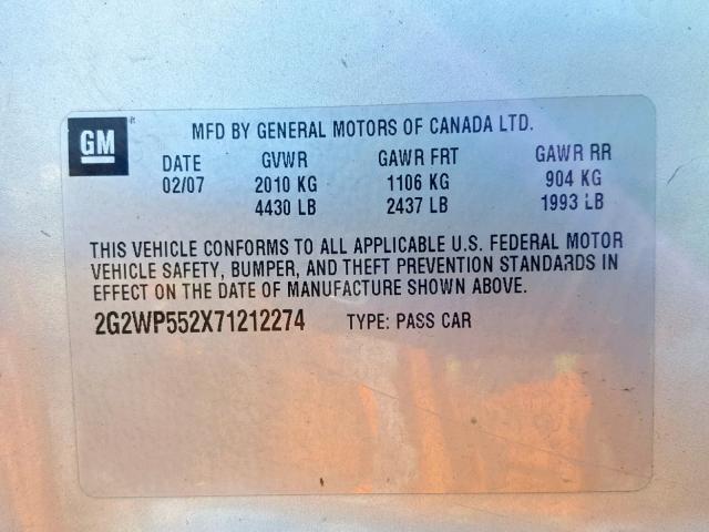 2G2WP552X71212274 - 2007 PONTIAC GRAND PRIX GRAY photo 10