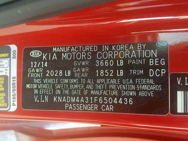 KNADM4A31F6504436 - 2015 KIA RIO LX RED photo 10