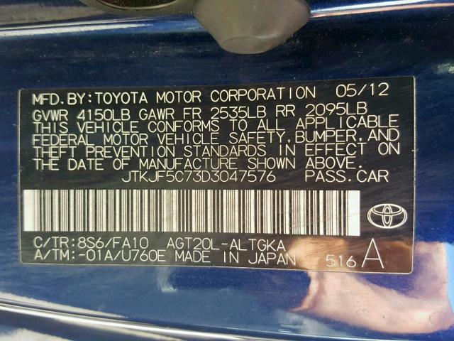 JTKJF5C73D3047576 - 2013 TOYOTA SCION TC ლურჯი ფოტო 10