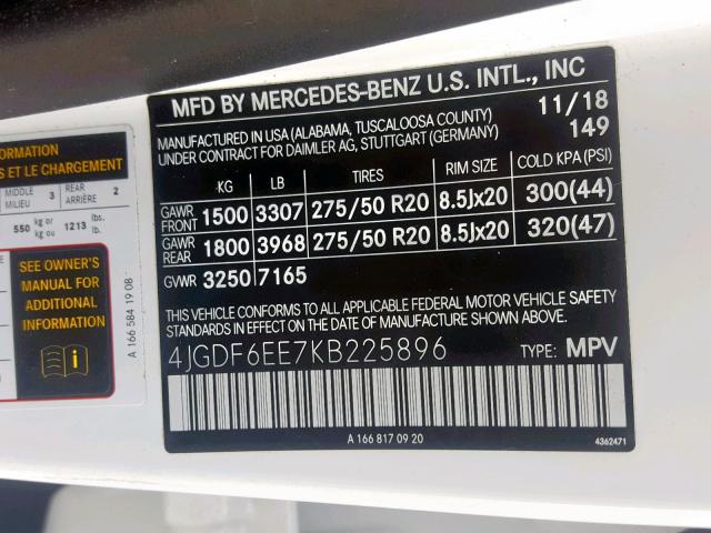 4JGDF6EE7KB225896 - 2019 MERCEDES-BENZ GLS 450 4M WHITE photo 10