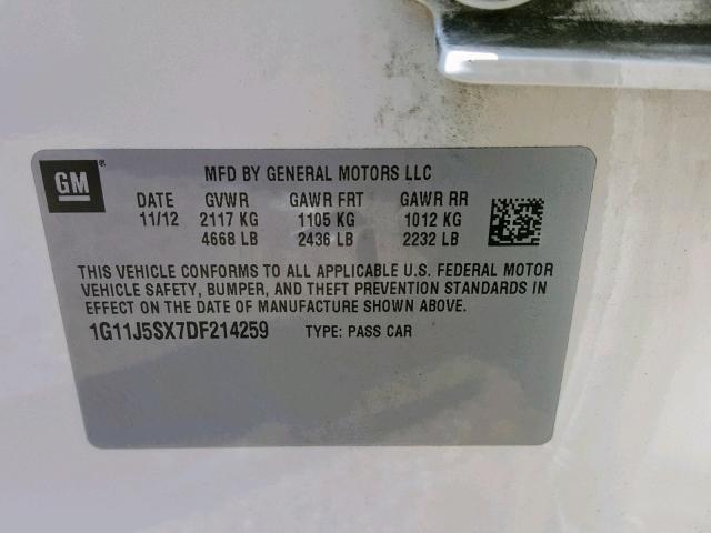 1G11J5SX7DF214259 - 2013 CHEVROLET MALIBU LTZ თეთრი ფოტო 10