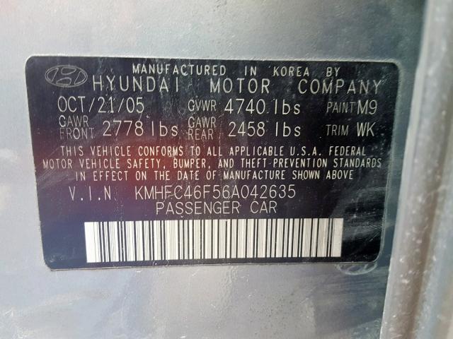 KMHFC46F56A042635 - 2006 HYUNDAI AZERA SE GREEN photo 10