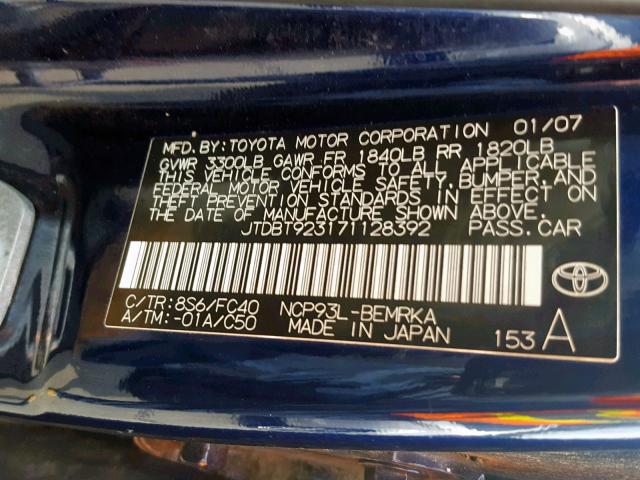 JTDBT923171128392 - 2007 TOYOTA YARIS BLUE photo 10