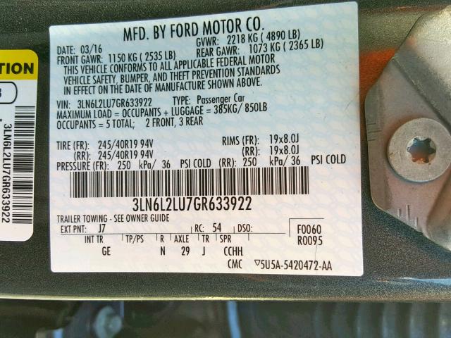 3LN6L2LU7GR633922 - 2016 LINCOLN MKZ HYBRID GRAY photo 10