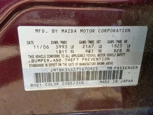 JM1BK344571670925 - 2007 MAZDA 3 HATCHBAC PURPLE photo 10