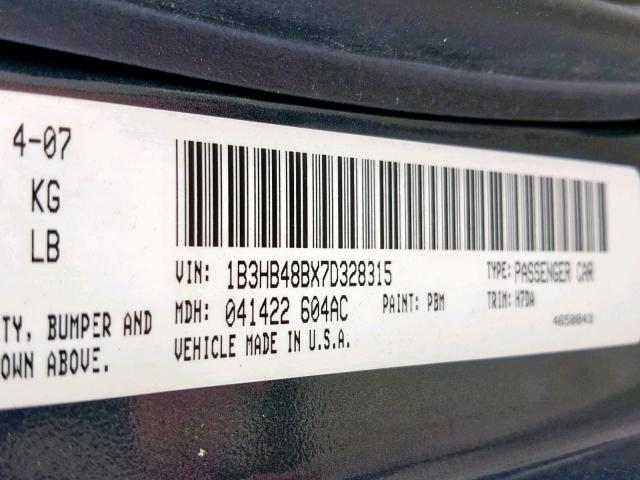 1B3HB48BX7D328315 - 2007 DODGE CALIBER SX CHARCOAL photo 10