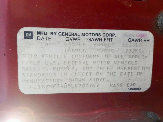 1G2NE54U5LC200767 - 1990 PONTIAC GRAND AM L BURGUNDY photo 10