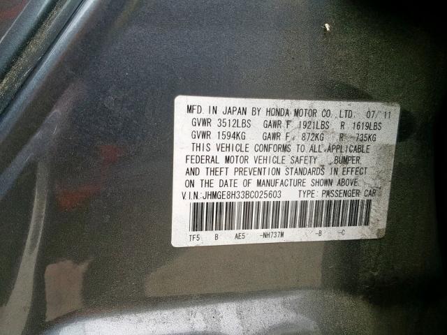 JHMGE8H33BC025603 - 2011 HONDA FIT SILVER photo 10