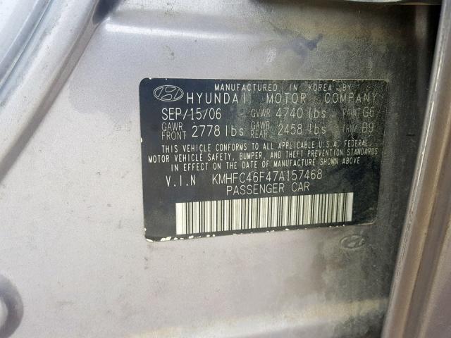 KMHFC46F47A157468 - 2007 HYUNDAI AZERA SE GRAY photo 10