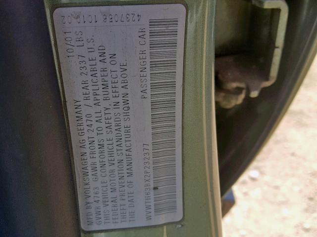 WVWTH63BX2P232377 - 2002 VOLKSWAGEN PASSAT GLX 绿色 照片 10