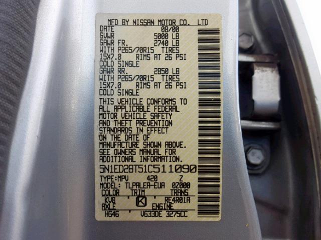 5N1ED28T51C511090 - 2001 NISSAN XTERRA XE SILVER photo 10