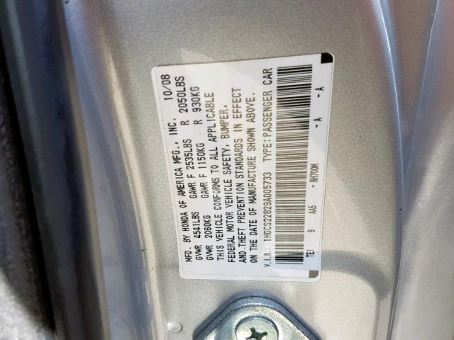 1HGCS22829A005733 - 2009 HONDA ACCORD EXL SILVER photo 10