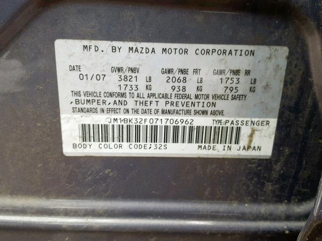 JM1BK32F071706962 - 2007 MAZDA 3 I GRAY photo 10