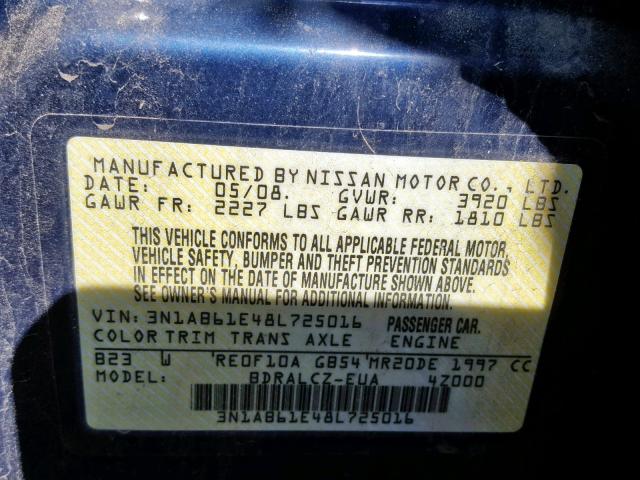 3N1AB61E48L725016 - 2008 NISSAN SENTRA 2.0 BURN photo 10