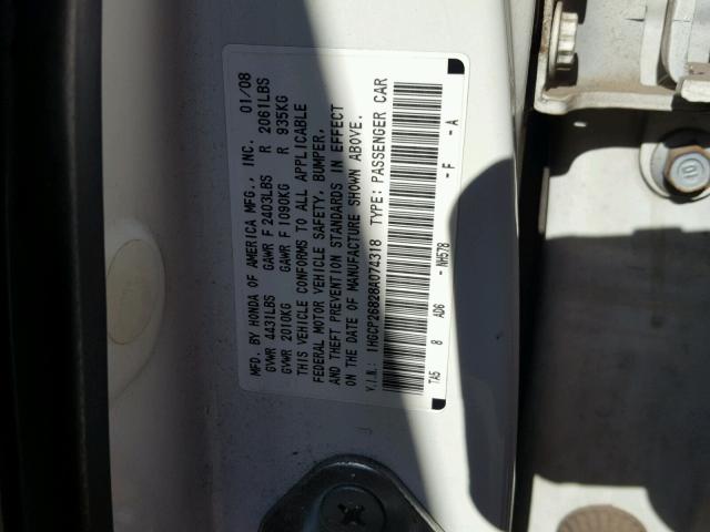 1HGCP26828A074318 - 2008 HONDA ACCORD EXL WHITE photo 10