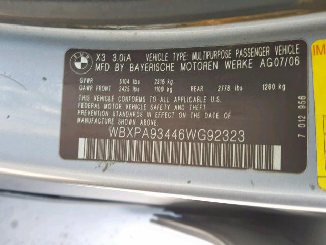 WBXPA93446WG92323 - 2006 BMW X3 3.0I GRAY photo 10