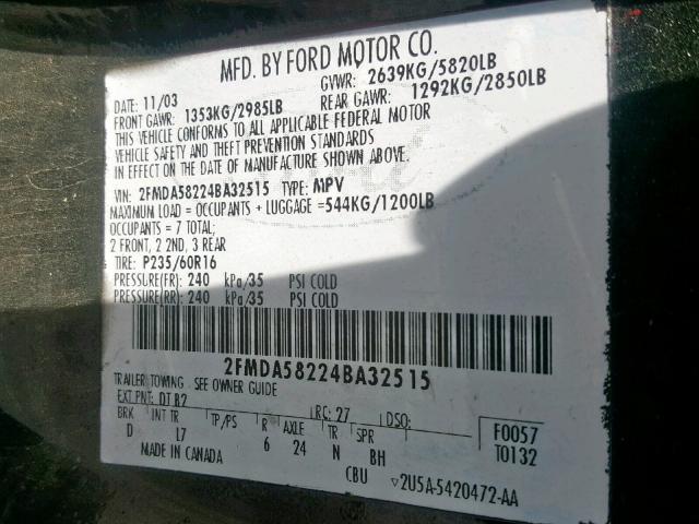 2FMDA58224BA32515 - 2004 FORD FREESTAR L BLACK photo 10