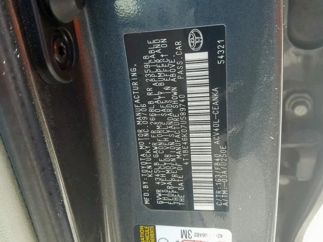 4T1BE46K07U589740 - 2007 TOYOTA CAMRY NEW GRAY photo 10