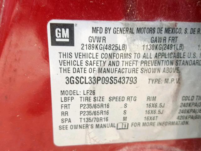 3GSCL33P09S543793 - 2009 SATURN VUE XE RED photo 10