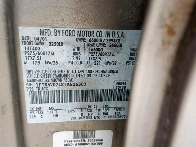 1FTRW07L81KB36503 - 2001 FORD F-150 GOLD photo 10