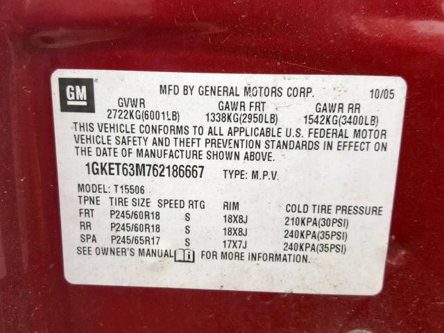 1GKET63M762186667 - 2006 GMC ENVOY DENA MAROON photo 10