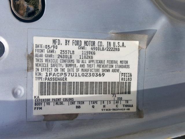 1FACP57U1LG230369 - 1990 FORD TAURUS GL SILVER photo 10