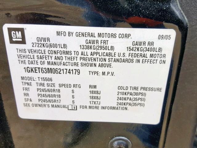 1GKET63M062174179 - 2006 GMC ENVOY DENA BLACK photo 10