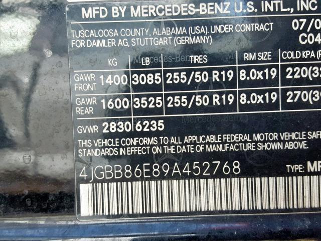 4JGBB86E89A452768 - 2009 MERCEDES-BENZ ML 350 BLACK photo 10