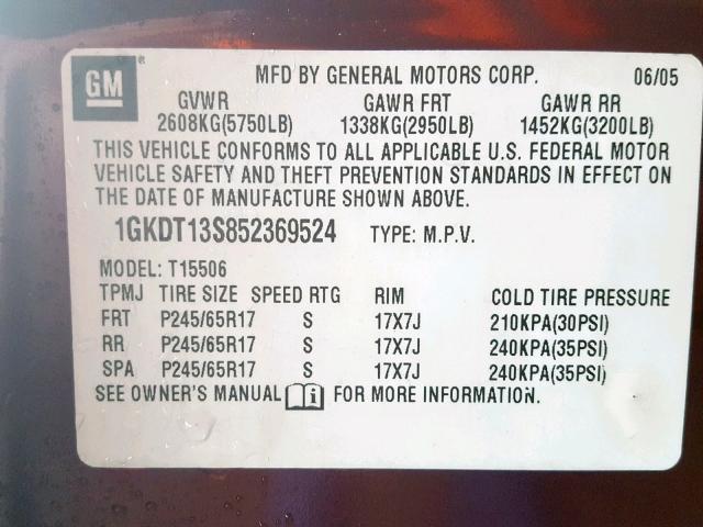 1GKDT13S852369524 - 2005 GMC ENVOY BURGUNDY photo 10