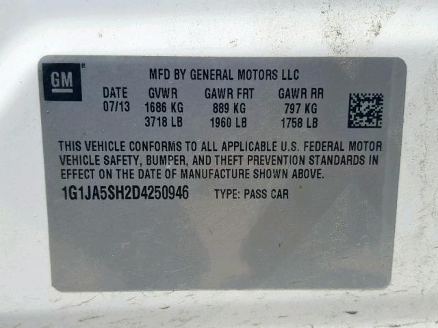 1G1JA5SH2D4250946 - 2013 CHEVROLET SONIC LS WHITE photo 10