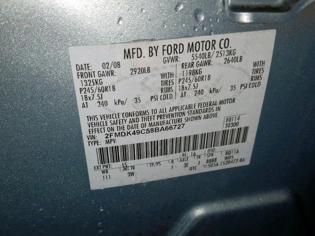 2FMDK49C58BA66727 - 2008 FORD EDGE LIMIT SILVER photo 10