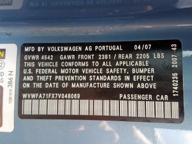 WVWFA71FX7V048069 - 2007 VOLKSWAGEN EOS 2.0T L BLUE photo 10