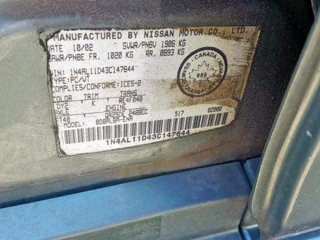 1N4AL11D43C147644 - 2003 NISSAN ALTIMA BAS GREEN photo 9