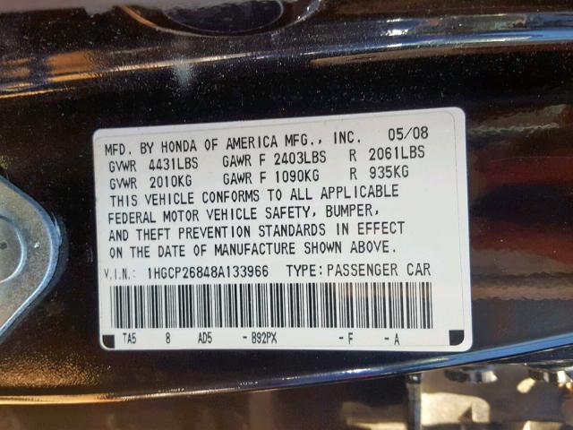 1HGCP26848A133966 - 2008 HONDA ACCORD EXL BLACK photo 10