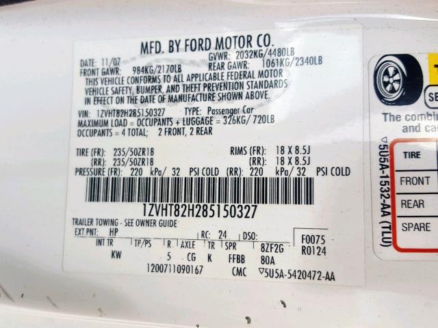1ZVHT82H285150327 - 2008 FORD MUSTANG GT WHITE photo 10