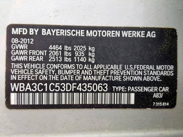 WBA3C1C53DF435063 - 2013 BMW 328 I SULE GRAY photo 10