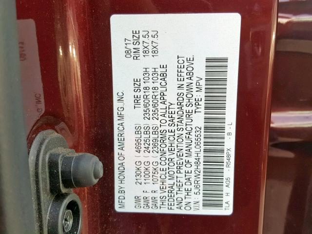 5J6RW2H84HL065532 - 2017 HONDA CR-V EXL BURGUNDY photo 10