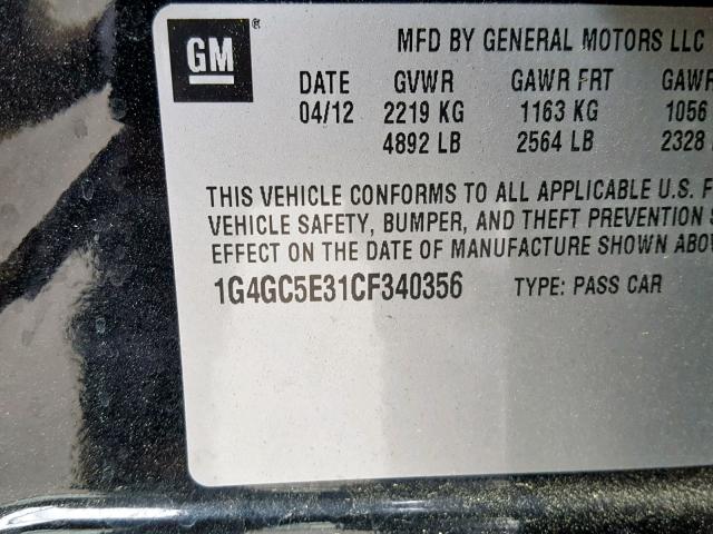 1G4GC5E31CF340356 - 2012 BUICK LACROSSE CHARCOAL photo 10