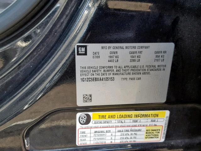 1G1ZC5EBXA4105153 - 2010 CHEVROLET MALIBU 1LT BLACK photo 10
