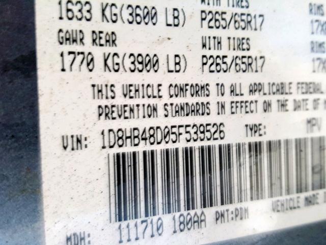 1D8HB48D05F539526 - 2005 DODGE DURANGO SL GRAY photo 10