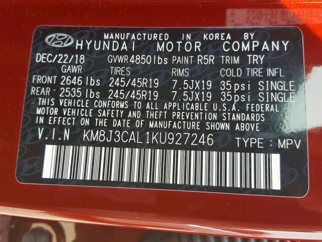 KM8J3CAL1KU927246 - 2019 HYUNDAI TUCSON LIM RED photo 10