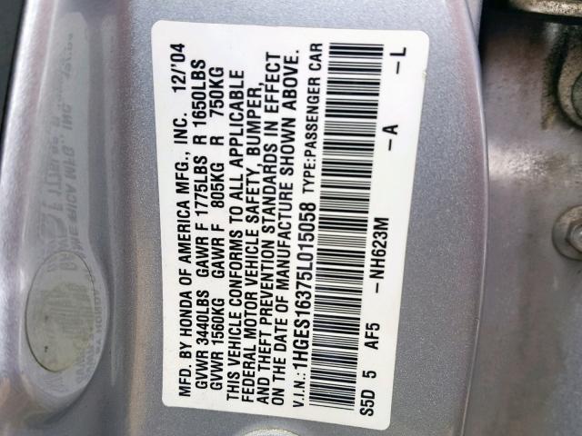 1HGES16375L015058 - 2005 HONDA CIVIC DX V SILVER photo 10