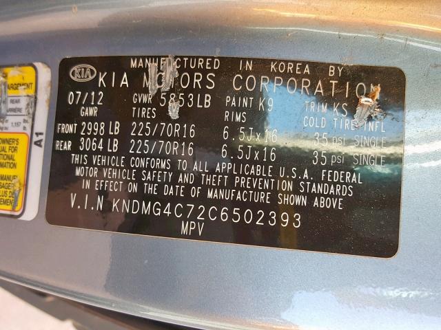 KNDMG4C72C6502393 - 2012 KIA SEDONA LX GRAY photo 10