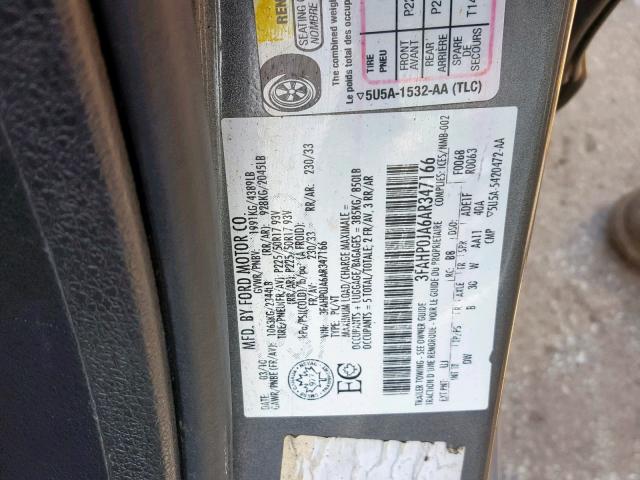 3FAHP0JA6AR347166 - 2010 FORD FUSION SEL GRAY photo 10