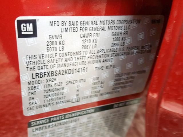 LRBFXBSA2KD014161 - 2019 BUICK ENVISION P RED photo 10