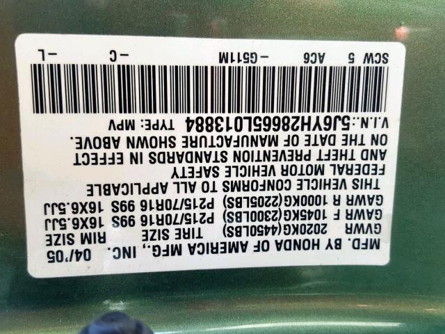 5J6YH28665L013884 - 2005 HONDA ELEMENT EX GREEN photo 10