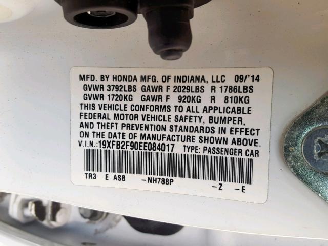 19XFB2F90EE084017 - 2014 HONDA CIVIC EXL WHITE photo 10