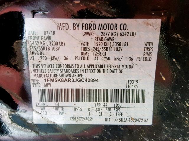 1FM5K8AR3JGC42894 - 2018 FORD EXPLORER P TWO TONE photo 10